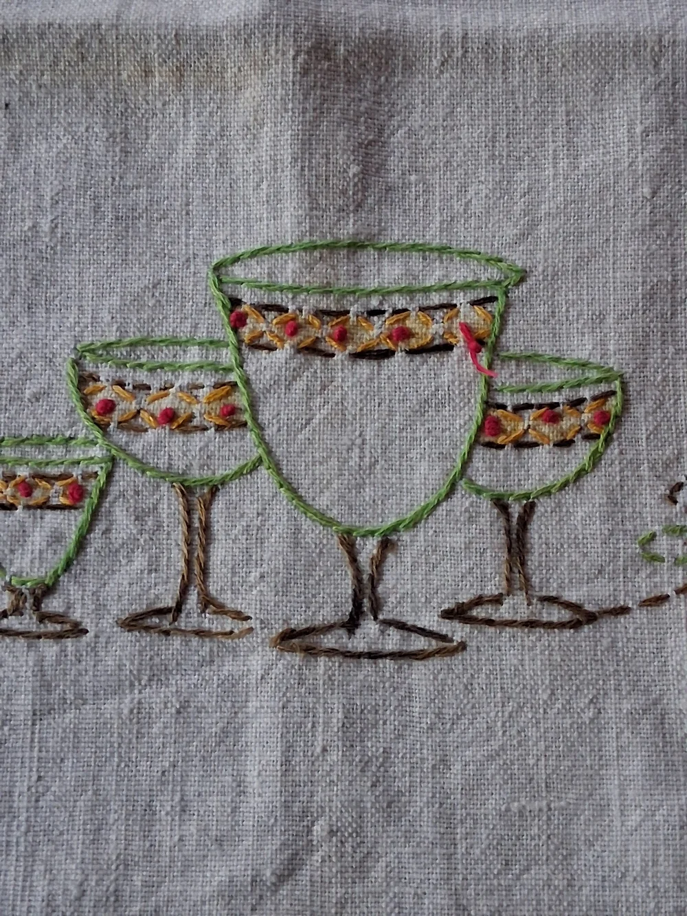 1940s Hand‑Embroidered Linen Kitchen Towel – Wine Glass Motif, 18x24, Vintage